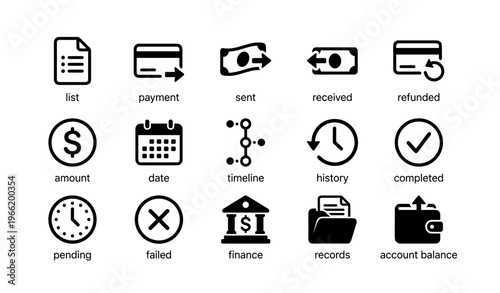 Financial icons set representing transactions and record-keeping elements