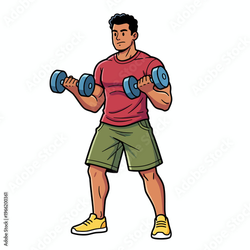 Muscular Man Performing Bicep Curls with Dumbbells Fitness Illustration