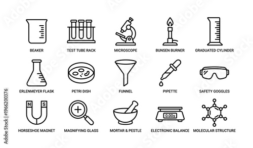 Laboratory equipment icons: beaker, microscope, bunsen burner, pipette, molecular structure