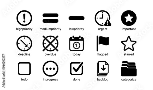Task management icons for priority, urgency, status, and organization