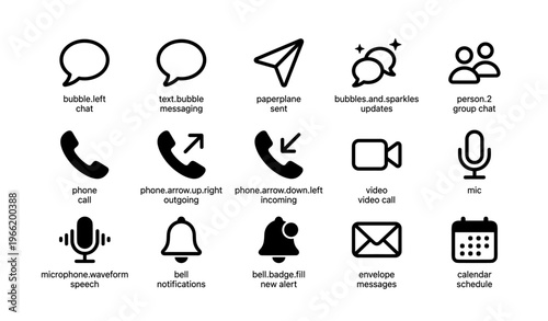 Communication icons for messaging and calls: bubbles, phones, video, alerts, and calendar