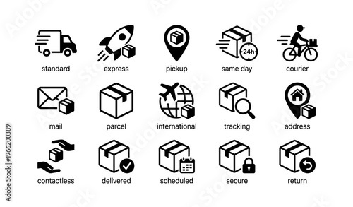 Delivery and shipping icons: express, standard, tracking, secure, contactless options