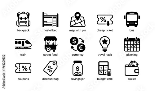 Travel icons: backpack, hostel, map, ticket, bus, train, food, currency, tips, wallet