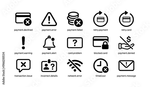 Payment error icons set with warnings and status indicators