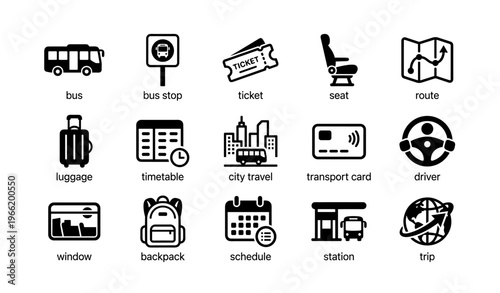Public transportation icons set: bus stop, ticket, seat, route, luggage