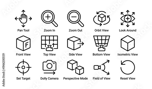 User interface design icons for viewing and navigating 3d spaces
