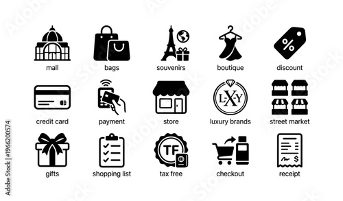 Shopping icons collection: mall, souvenirs, discounts, payment, checkout