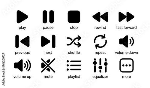 Media control icons set including play pause stop rewind and more