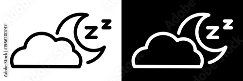 Sleep icon with crescent moon, cloud and Z symbols. Night mode, dreaming and relaxation concept. Calm atmosphere, rest and bedtime sign. Black and white vector illustration.