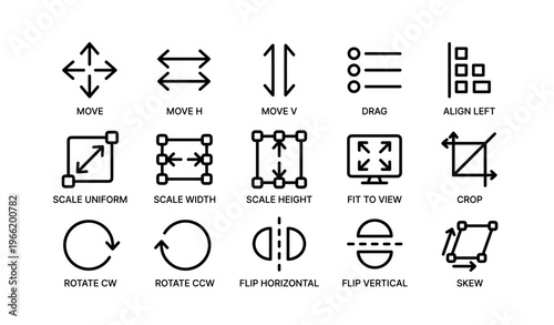 Vector style icons for alignment, scaling, rotation, and cropping tools