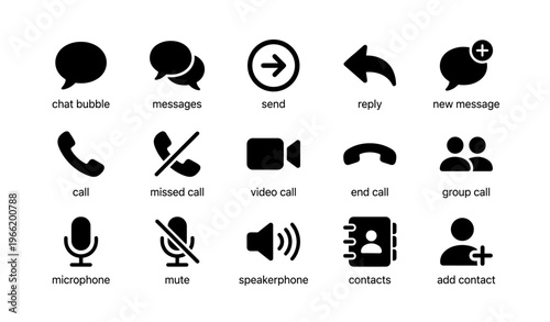 Communication icons: chat, call, video, and message symbols for digital interaction