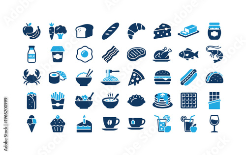 Diverse collection of food and drink icons in a flat vector style