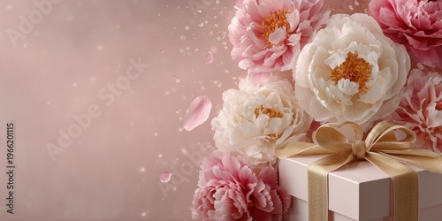 Elegant white gift box with gold ribbon surrounded by soft peonies and petals on blush background