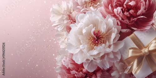 Luxury floral gift composition with golden bow, pastel peony bouquet, and sparkling confetti perfect for premium branding.