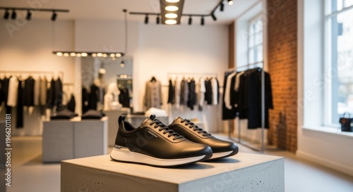 Black sneakers on concrete display pedestal inside modern clothing store. Stylish footwear in boutique retail interior. Concept of minimalist fashion shopping and urban casual style.