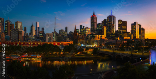 Twilight cityscape of Melbourne over the Yarra River in Victoria, Australia