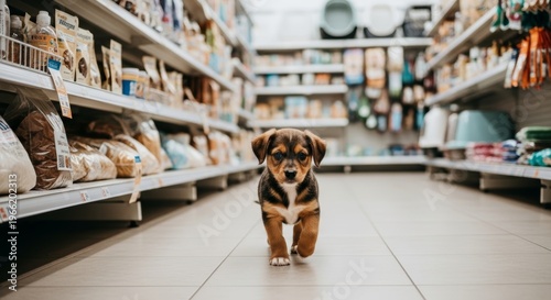 Small puppy walking in pet store aisle. Little dog exploring pet shop with shelves filled with food and supplies for animals. Domesticated canine mascot for retail retail business.