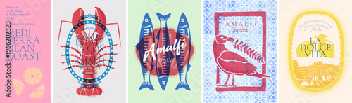 Amalfi summer pattern with mediterranean lemons and seafoods. Italian lobster and sardine illustrations for vintage coastal posters. Italian text translate: Sweet life, Summer in Italy on Amalfi Coast
