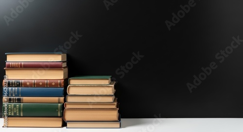 Stack of colorful hardcover books on white table against black chalkboard background. Academic education and knowledge concept. Literary collection for back to school and study session.