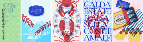 Mediterranean patterns. Italian summer food stamps. Amalfi vintage watercolor lobster, sardine and crab design for coastal prints. Italian text translate: Sweet life, Summer in Italy on Amalfi Coast.
