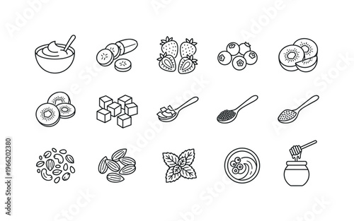 Collection of line art icons representing smoothie bowl ingredients and toppings