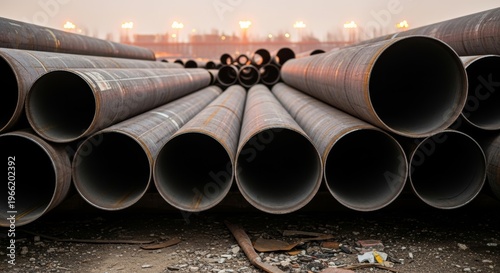 Steel pipes stacked in industrial storage yard at construction site. Large diameter metal tubes for petroleum, oil, gas, water supply and pipeline infrastructure project development.