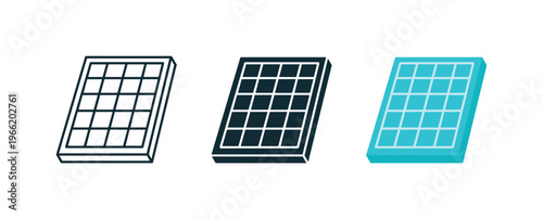 Set of three solar panel icons in outline, solid, and blue styles
