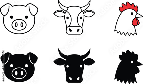 A set of simple farm animal icons including a pig, cow, and chicken
