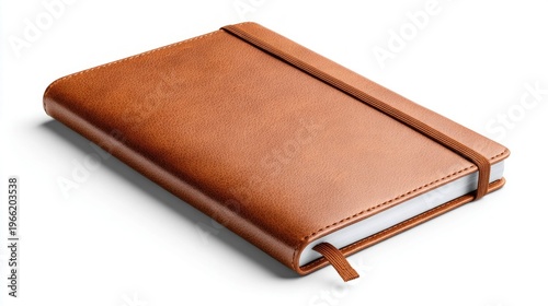 brown leather notebook with elastic band and bookmark on white background