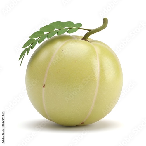 Amla Fruit with Green Leaves Isolated on a White Background as a High Quality Studio Product Shot Featuring a Single Indian Gooseberry in a Realistic Three Dimensional Render