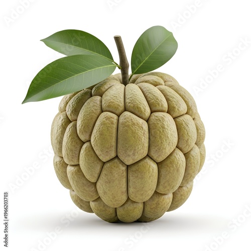 Annona Squamosa Custard Apple Fruit with Fresh Green Leaves Isolated on White Background for Healthy Food and Culinary Concepts in High Quality 3d Render Style