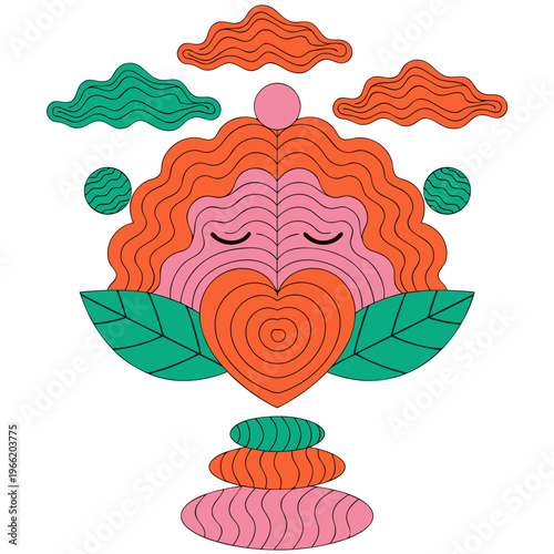 Abstract illustration of a zen person with a heartshaped face and wavy hair, surrounded by clouds and stones