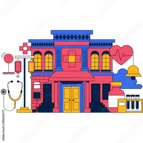 Hospital building with medical equipment icons like stethoscope, iv drip, heart monitor, and medicine bottles