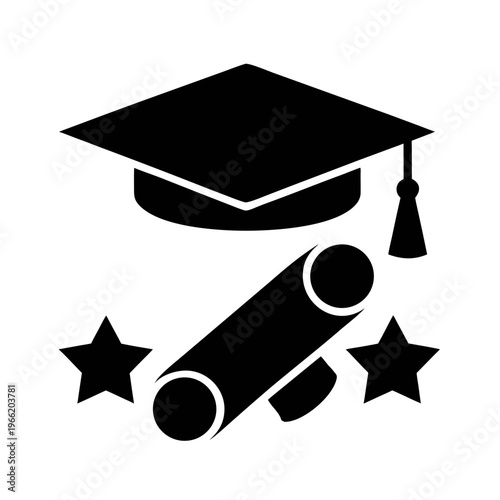 Graduation cap and diploma scroll icon with stars, academic achievement and education symbol