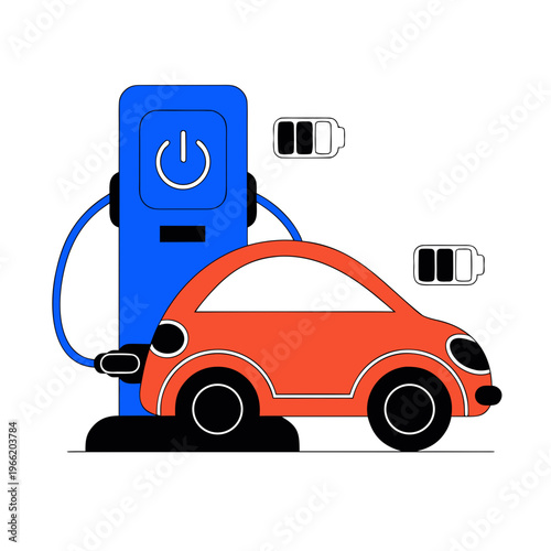 Electric car charging at a charging station, vector illustration