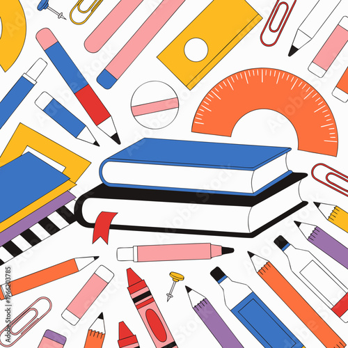 Seamless pattern with school supplies, stationery, books, pencils, pens, and rulers