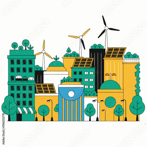 Ecofriendly sustainable city with green buildings, wind turbines, and solar panels