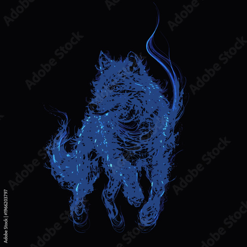 Abstract digital illustration of a wolf made of glowing blue energy lines and particles