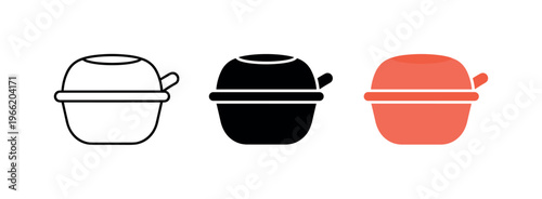 Set of three takeaway food containers in outline, solid black, and coral colors