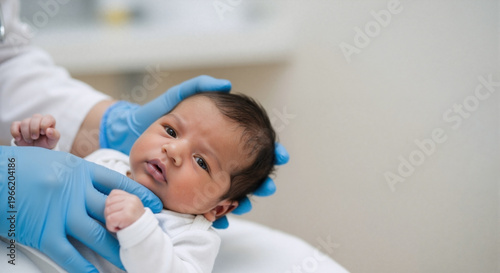 Pediatrician examining a newborn baby with blue gloved hands. Close up of an infant during a medical checkup in a clinic. Neonatal healthcare and wellness concept. Copy space for text