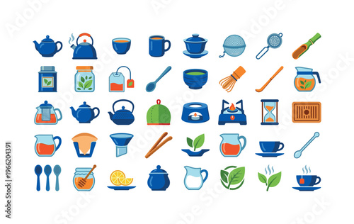 Collection of colorful flat icons representing tea brewing and serving accessories