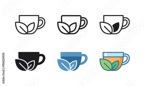 Collection of tea cup icons with leaves, representing herbal and hot beverages