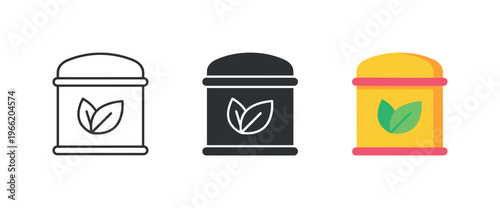Set of three tea tin icons with leaf symbol in outline, solid, and color styles