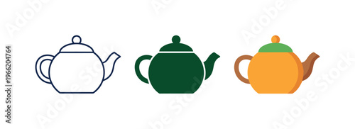 Three stylized teapots in outline, solid green, and colorful designs