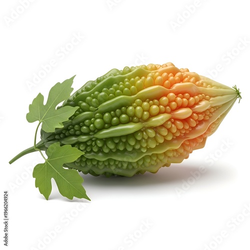 Bitter Melon Vegetable with Textured Skin and Fresh Green Leaves Isolated on a White Background as a High Quality Studio Product Shot