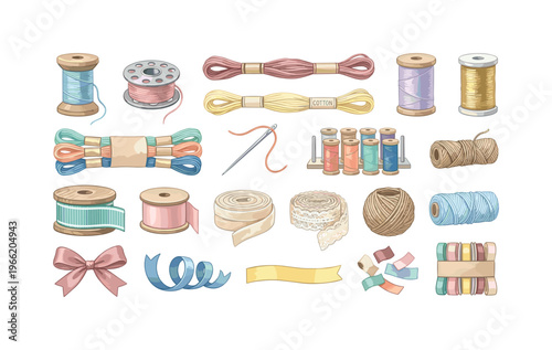 Collection of sewing threads, ribbons, and crafting supplies on spools