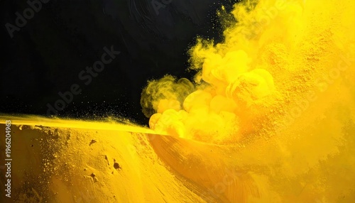 Fumo giallo intenso esplode su sfondo scuro, creando un contrasto drammatico e vibrante di colore e movimento.