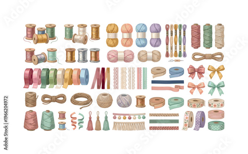 Collection of sewing and crafting supplies including threads, ribbons, and trims