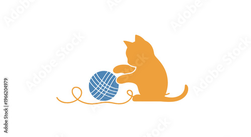 Cat Playing with Yarn Ball.