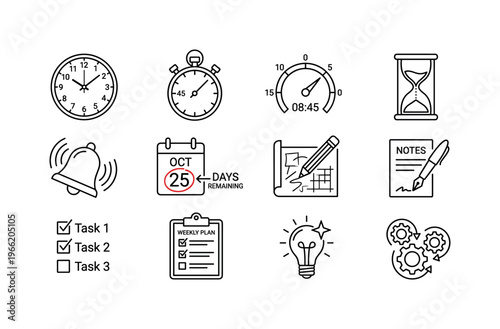 Collection of icons representing time management, planning, and productivity concepts